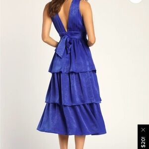 Lulus Peak Party Vibe Cobalt Blue Satin Tiered Tie-Back Midi Dress